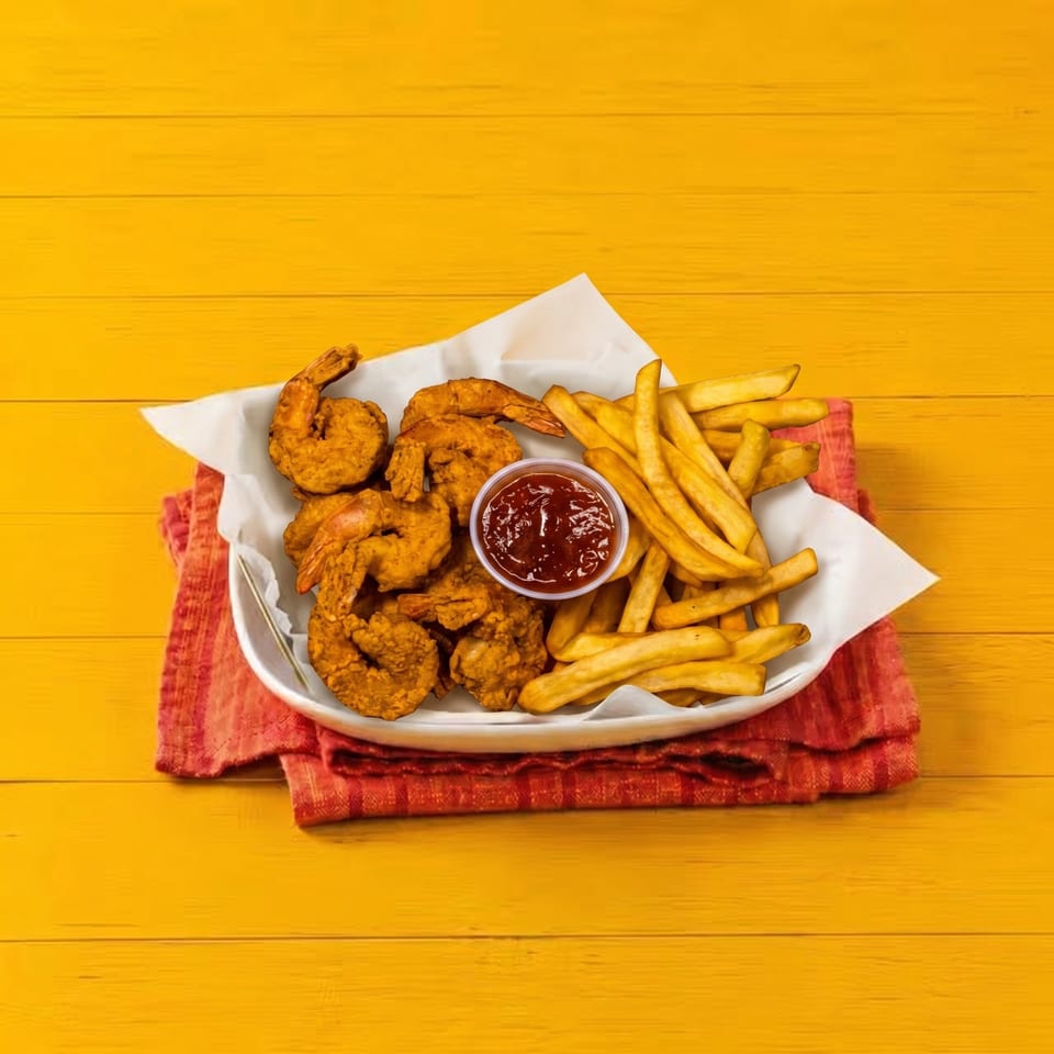 Fried shrimp and french fries with a side of ketchup, served on a white plate with a red napkin.
