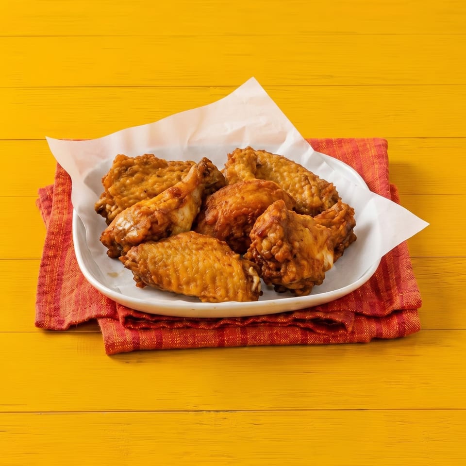 Crispy fried chicken wings on white parchment paper, served on a white plate with a red napkin.