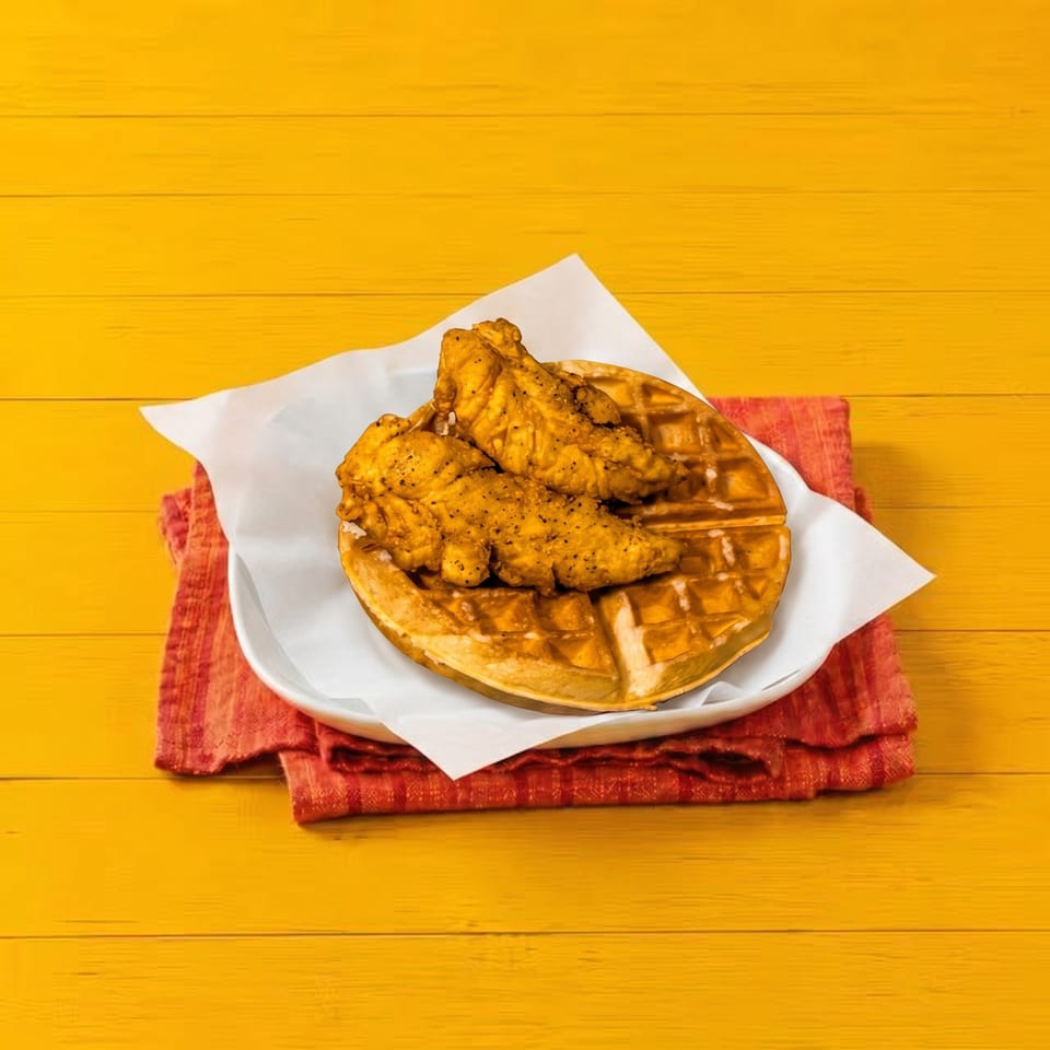 Golden fried chicken tenders on a waffle, served on a white plate with a red napkin.