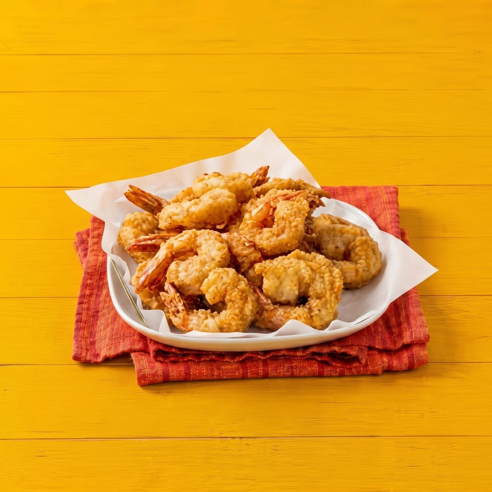 A white plate piled high with golden-brown fried shrimp, on a red napkin and yellow wooden table.