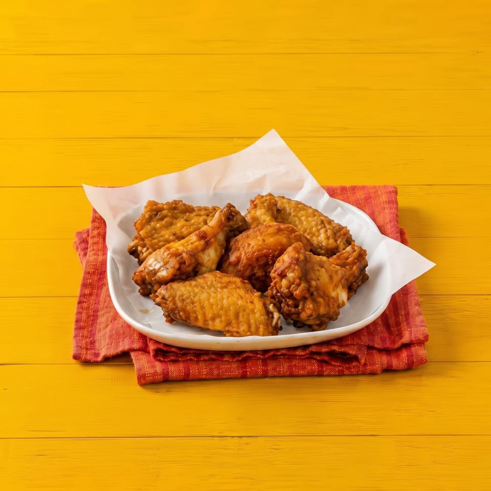 Crispy fried chicken wings on a white plate with parchment paper, resting on a red napkin and yellow wooden table.