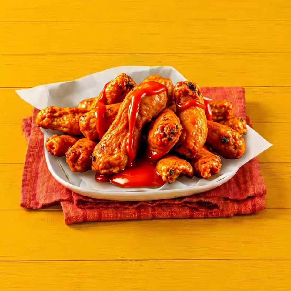 A white plate piled high with saucy buffalo wings, drizzled with red hot sauce, on a red napkin.