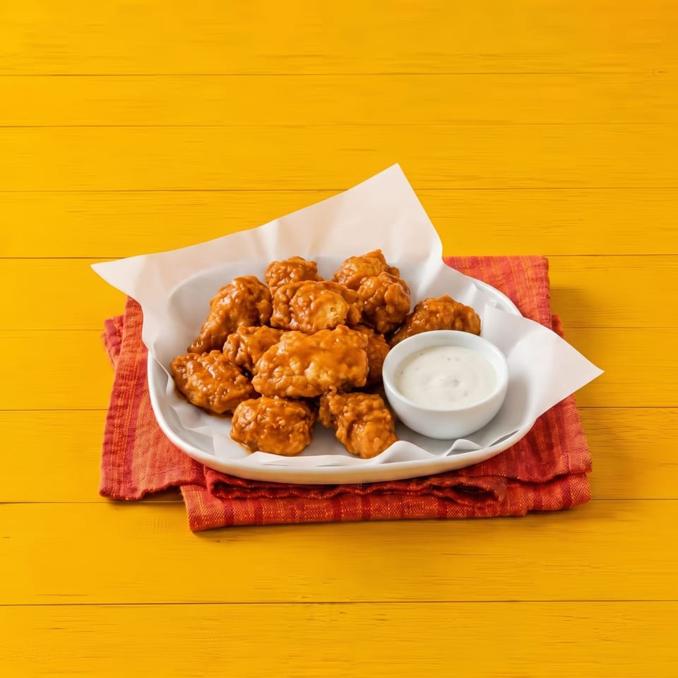 A plate of boneless buffalo wings with a side of ranch dressing on a red napkin and yellow table.