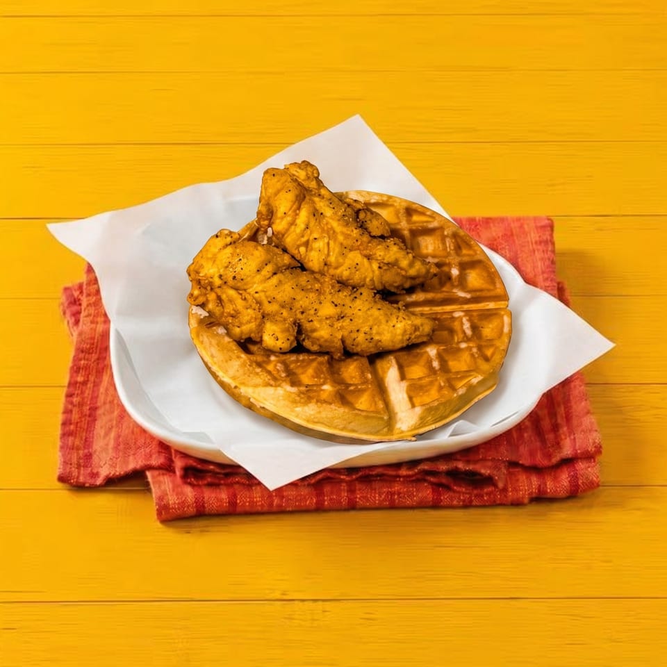 Two crispy fried chicken tenders on a golden waffle, served on a white plate with a red napkin.