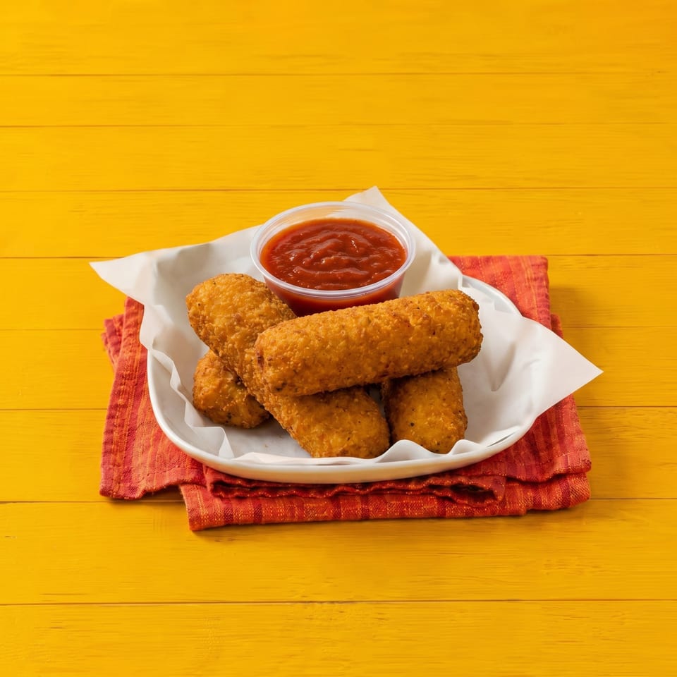 Golden-brown mozzarella sticks and a cup of marinara sauce on a white plate with a red napkin.