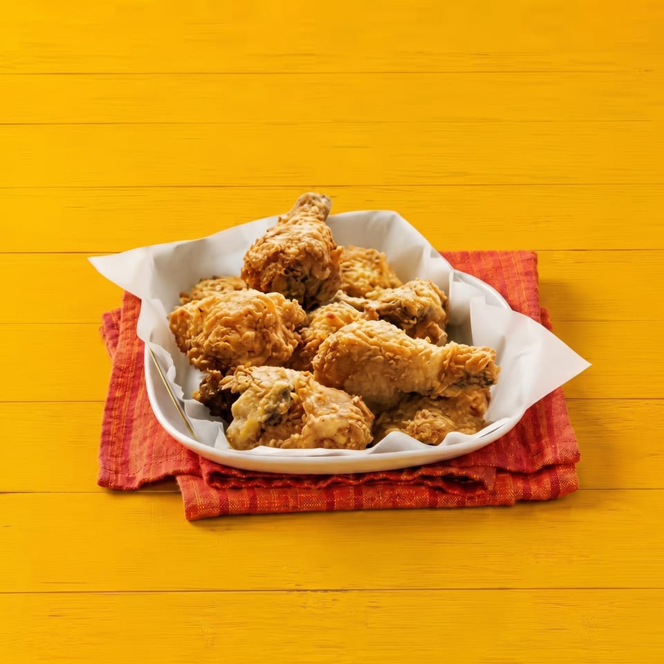 Crispy fried chicken pieces in a white bowl lined with parchment paper, on a red napkin and yellow wooden table.
